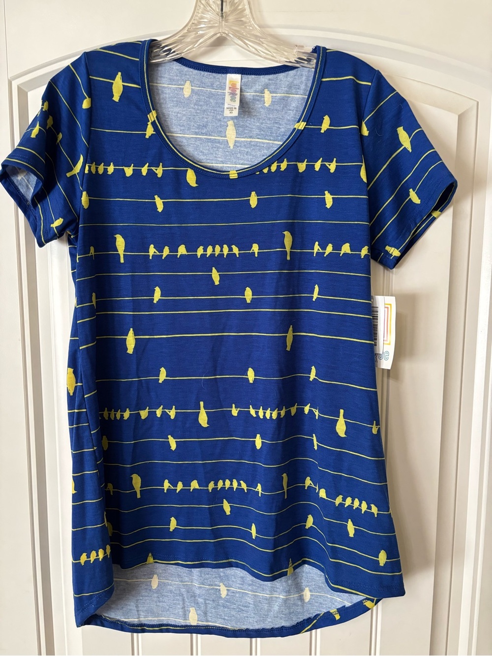 LuLaRoe Blue Short-Sleeve Tee with Lime Green Bird Stripe Print